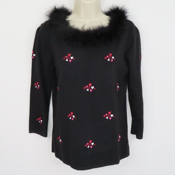 Etoile Medium Boat Neck Feather Embroidered Heart Valentines Pullover Sweater - Picture 6 of 7